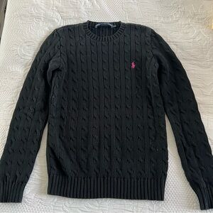 Ralph Lauren Black Cable-Knit Crewneck Sweater with Pink Pony Logo